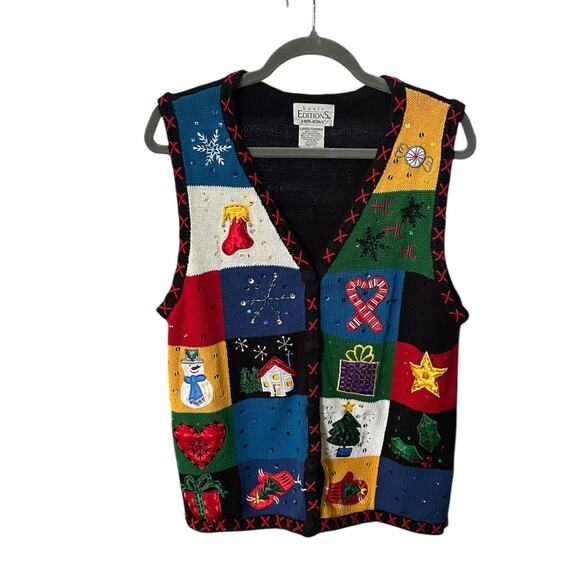Basic Editions Holiday Embroidered Christmas Vest Size L Crochet Sequin Applique - Picture 1 of 9